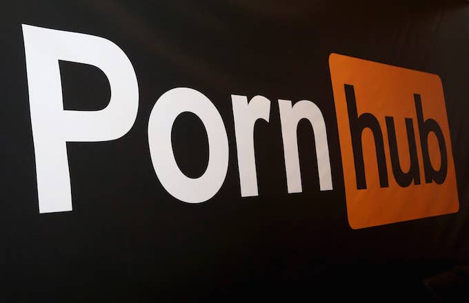Pornhub logo is displayed at the company&#x27;s booth during the 2018 AVN Adult Expo.
