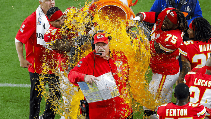 Andy Reid gets a Gatorade shower in the final minute of the Chiefs&#x27; Super Bowl win.