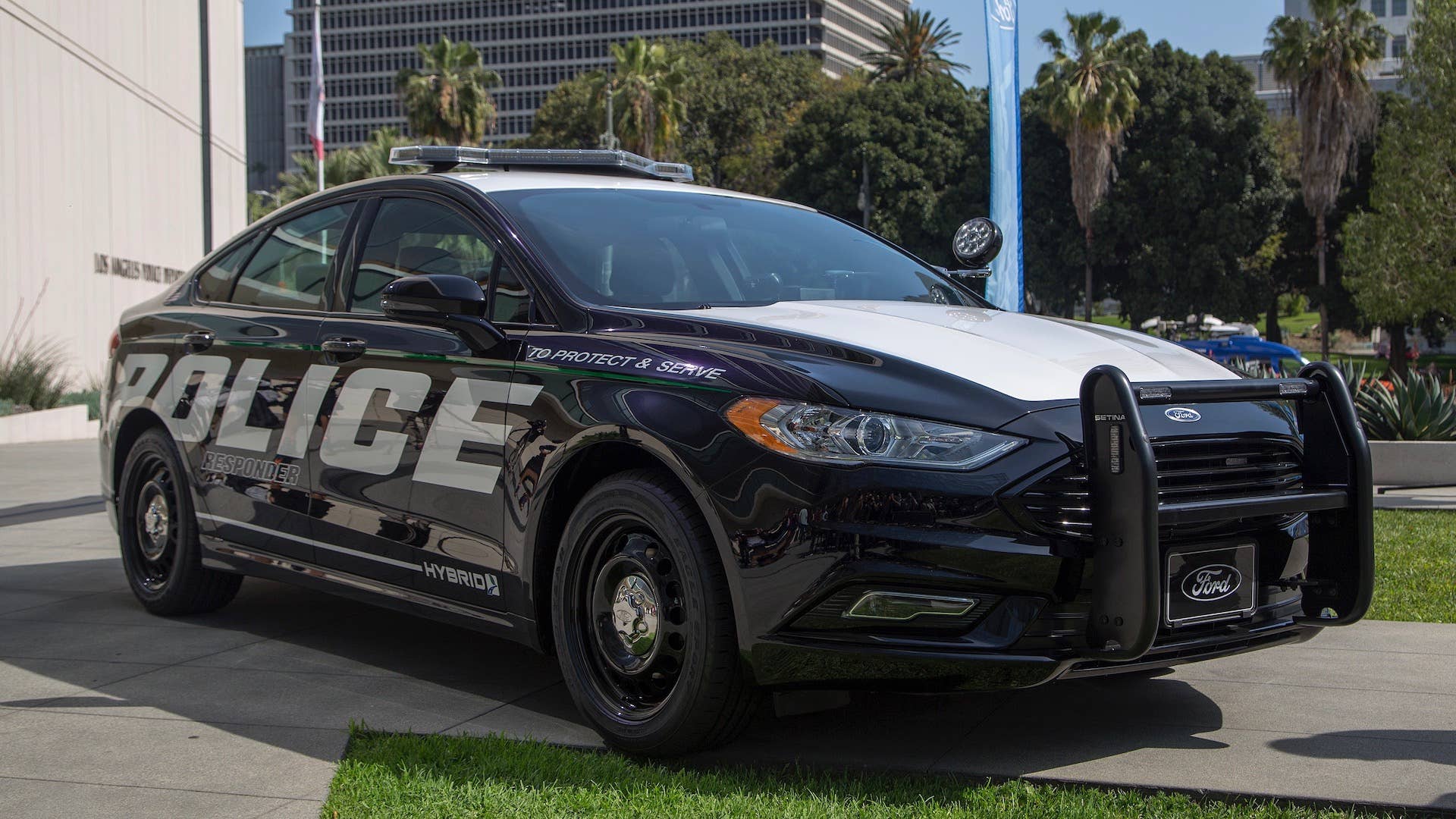 A hybrid police car is seen at the unveiling of two new Ford Fusion hybrid pursuit-rated Police Responder cars