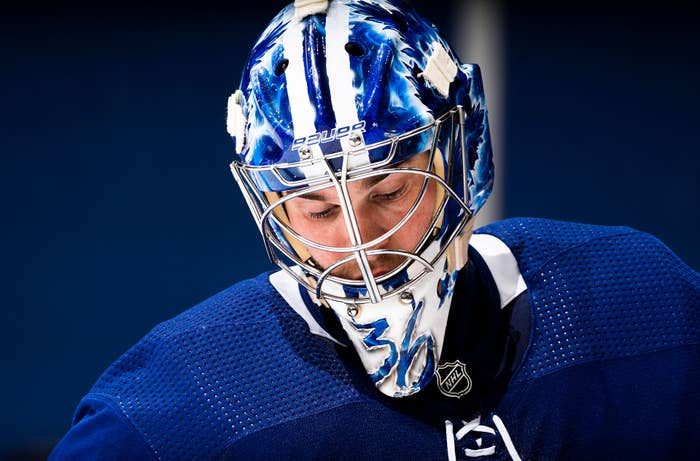 Jack Campbell #36 of the Toronto Maple Leafs looks on against the Montreal Canadiens during the second period at the Scotiabank Arena on May 6, 2021 in Toronto, Ontario, Canada.