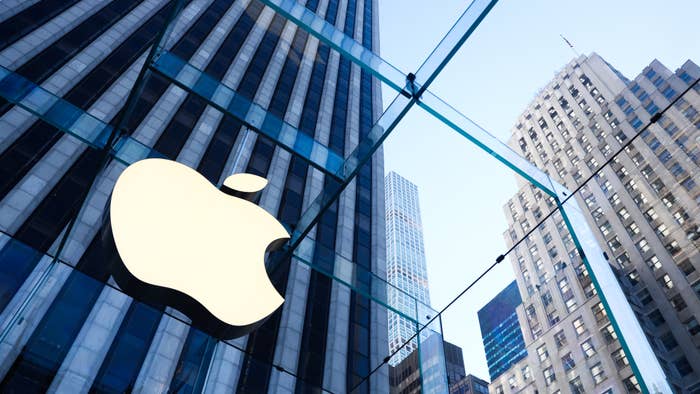 Apple logo is seen on a building in New York