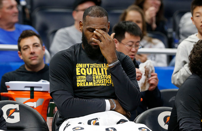 LeBron James reacts from the bench during a game against the Magic.