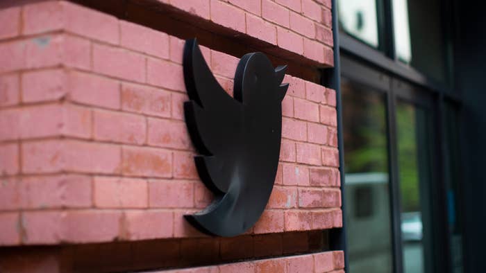 Twitter bird logo is pictured on office