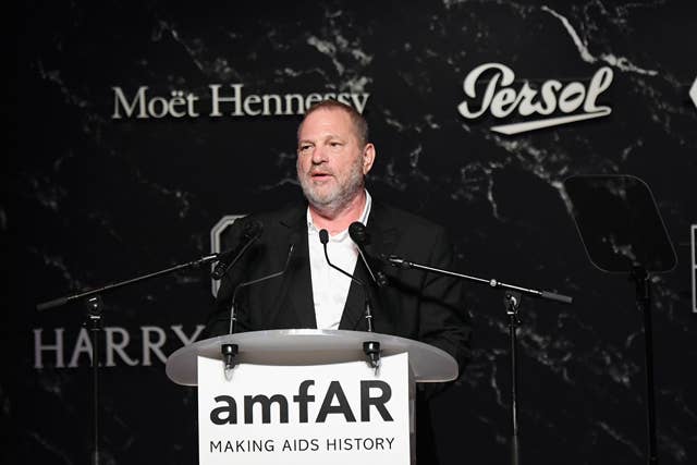 Harvey Weinstein speaks on stage at the amfAR Gala Cannes 2017