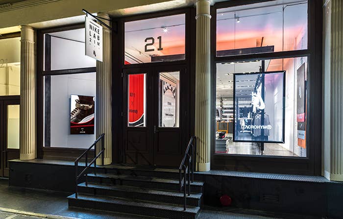 The storefront of Nike&#x27;s NikeLab 21 Mercer store in 2017, featuring an Acronym x Nike display