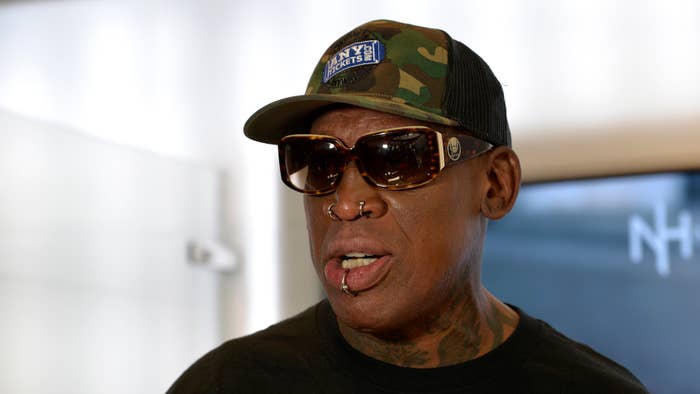 Former NBA great Dennis Rodman attends the launch of &quot;Habits And Hustle&quot; podcast.