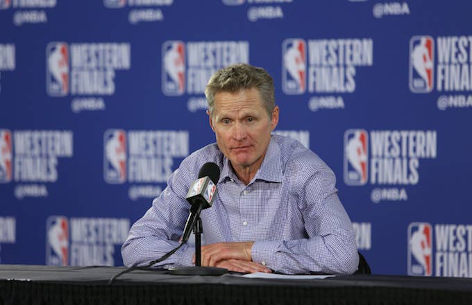 Steve Kerr speaks with media after Western Conference Finals Game Four win