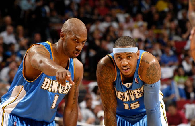 Chauncey Billups #1 and Carmelo Anthony #15 of the Denver Nuggets