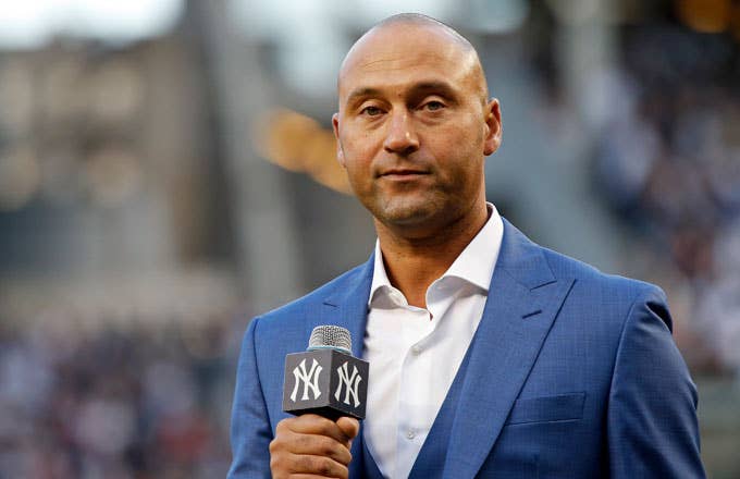 Derek Jeter speaks after being honored during a pre game ceremony to retire his jersey number.