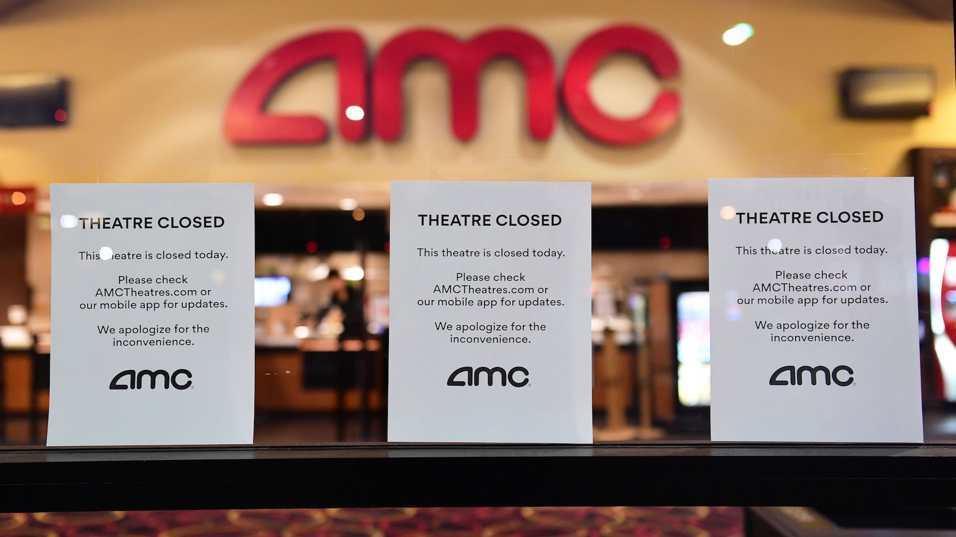 &quot;Theater Closed&quot; signs are posted in front of the AMC Montebello.