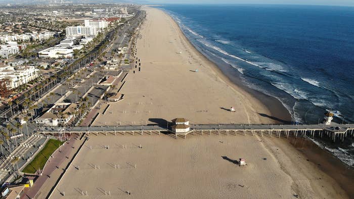 An aerial view of Huntington Beach and its shuttered pier amid the coronavirus pandemic.