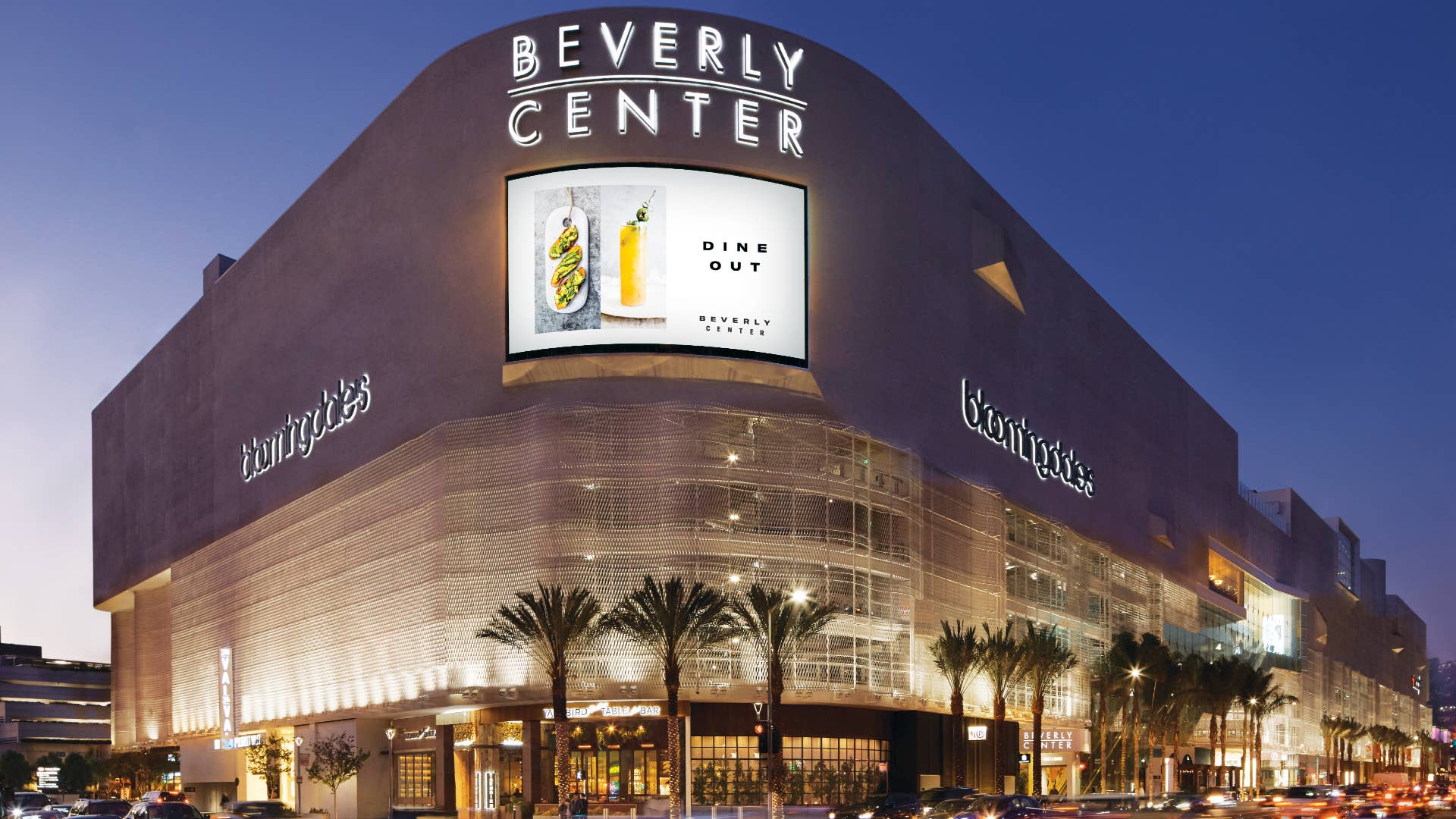The illuminated Beverly Center is pictured