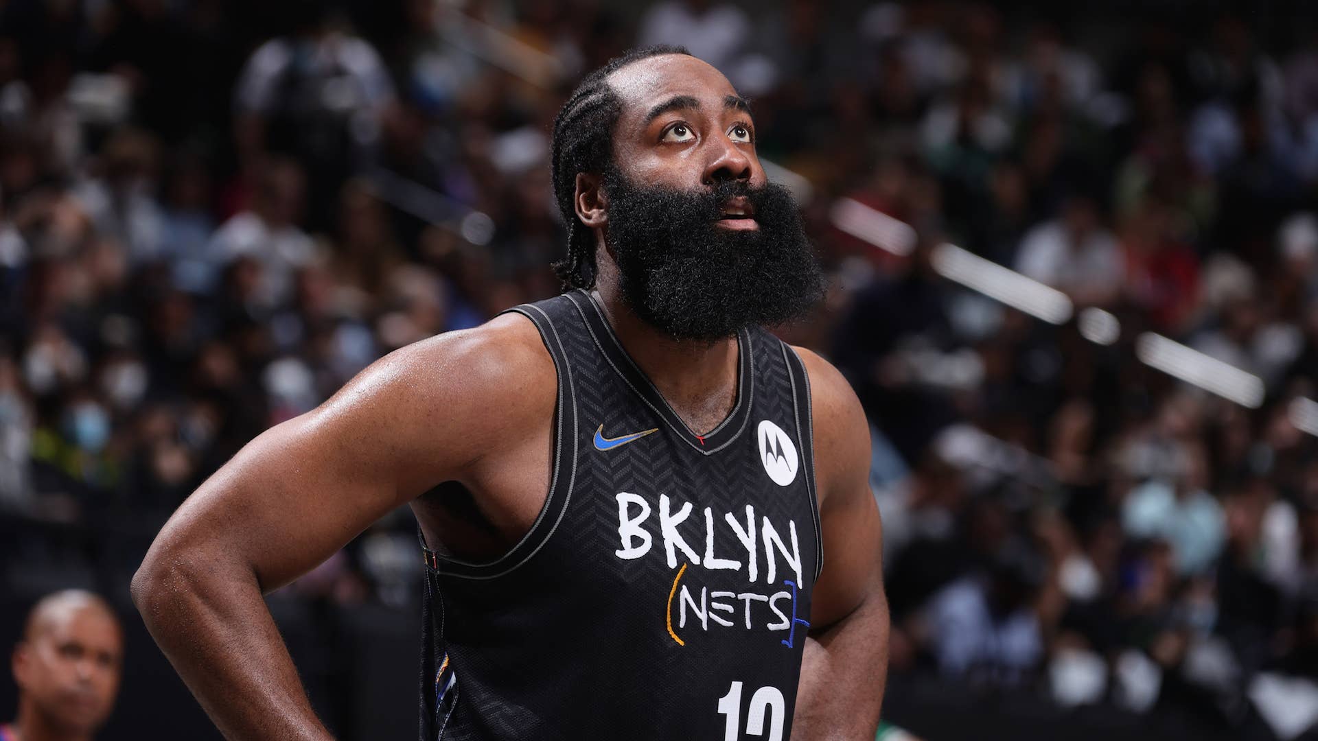 James Harden #13 of the Brooklyn Nets looks on