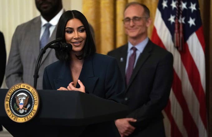 Kim Kardashian West speaks during an East Room event at White House.