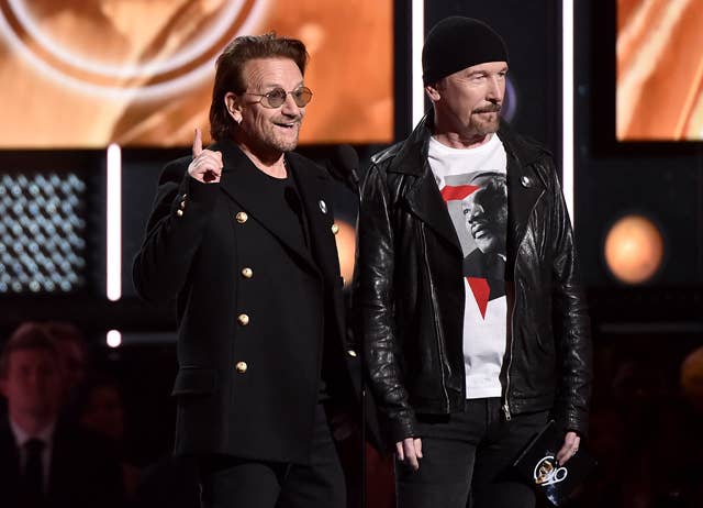 Bono and Edge at the 60th Annual Grammy Awards