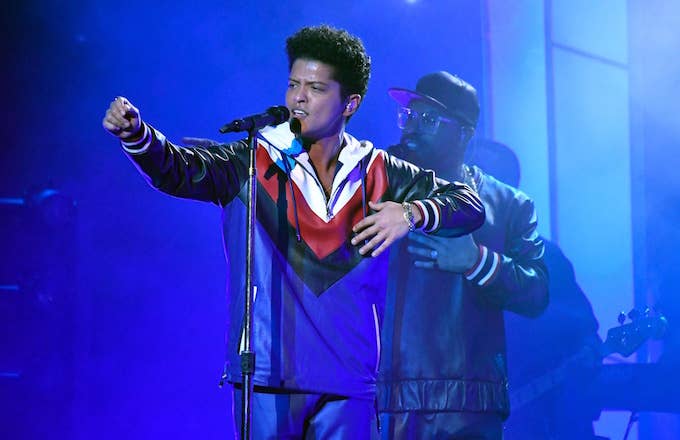 Bruno Mars performs at the 59th Annual Grammy Awards.