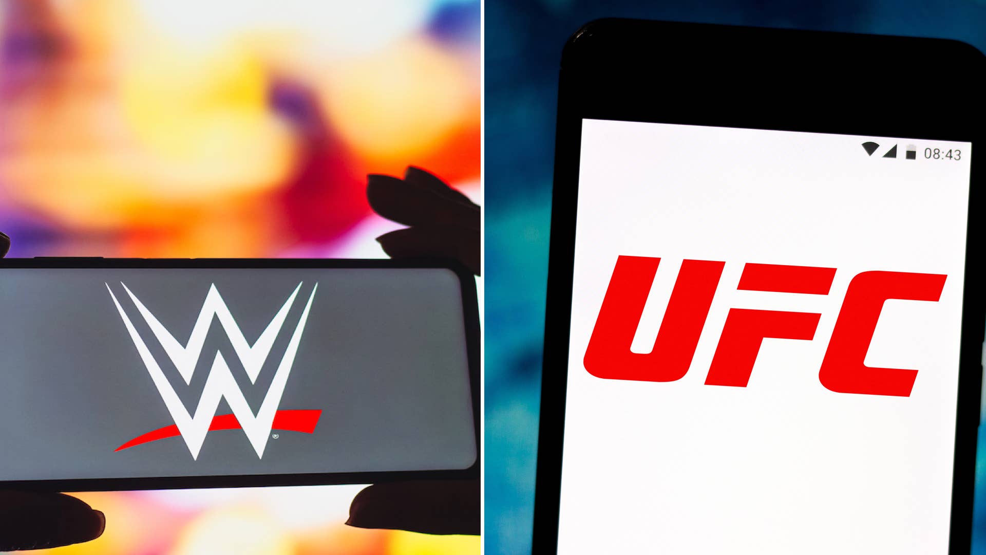 Image of WWE and UFC logo on smartphone screens.