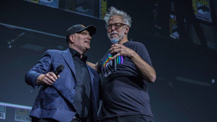 Kevin Feige and James Gunn speak onstage at MCU event