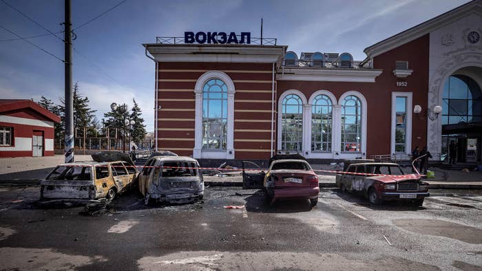 Calcinated cars are pictured outside a train station in Kramatorsk, eastern Ukraine