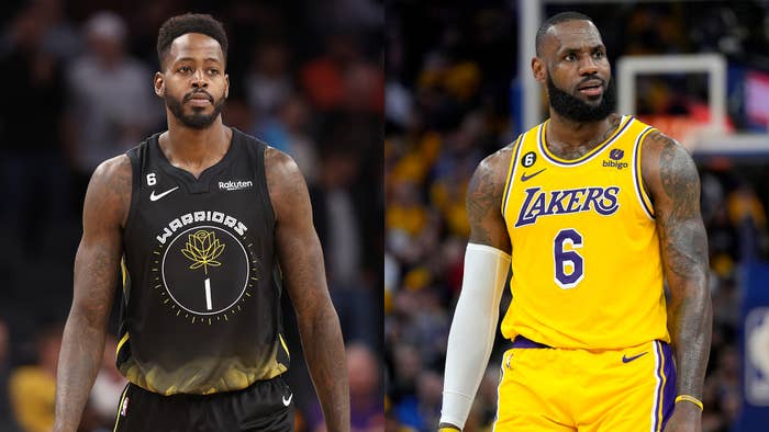 A splice image of Warriors player JaMychal Green and Lakers player LeBron James