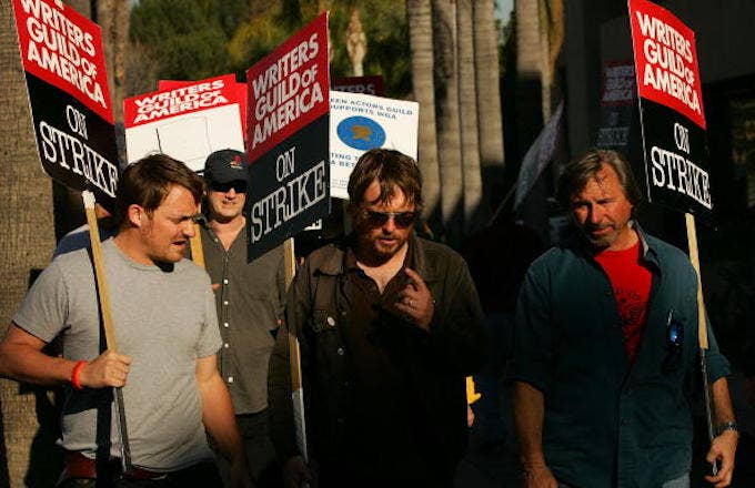 Writers Guild of America members and supporters picket in front of NBC studios