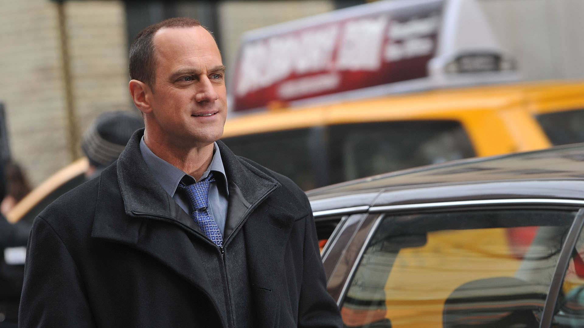 Christopher Meloni on location for "Law & Order: SVU" on the streets of Manhattan.