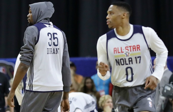 Kevin Durant and Russell Westbrook at an NBA All Star Game practice.
