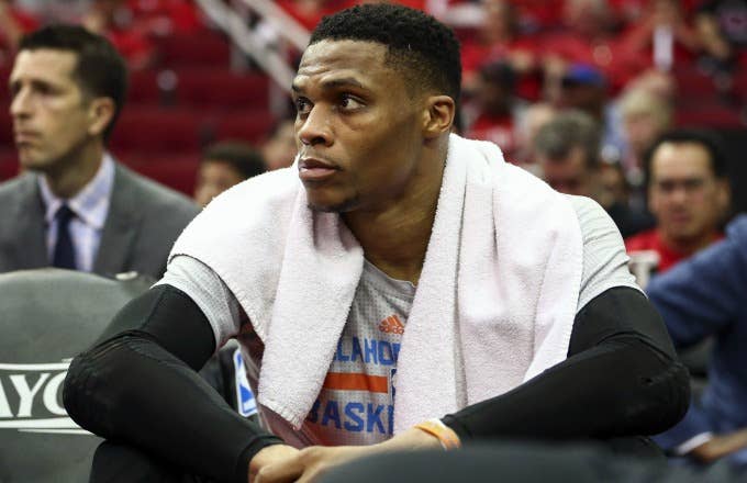 Russell Westbrook sits on the bench during Game 2 of the Thunder/Rockets playoff series.