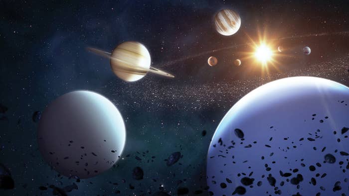 Illustration of the Solar System viewed from beyond Neptune, with all eight planets visible around the Sun.