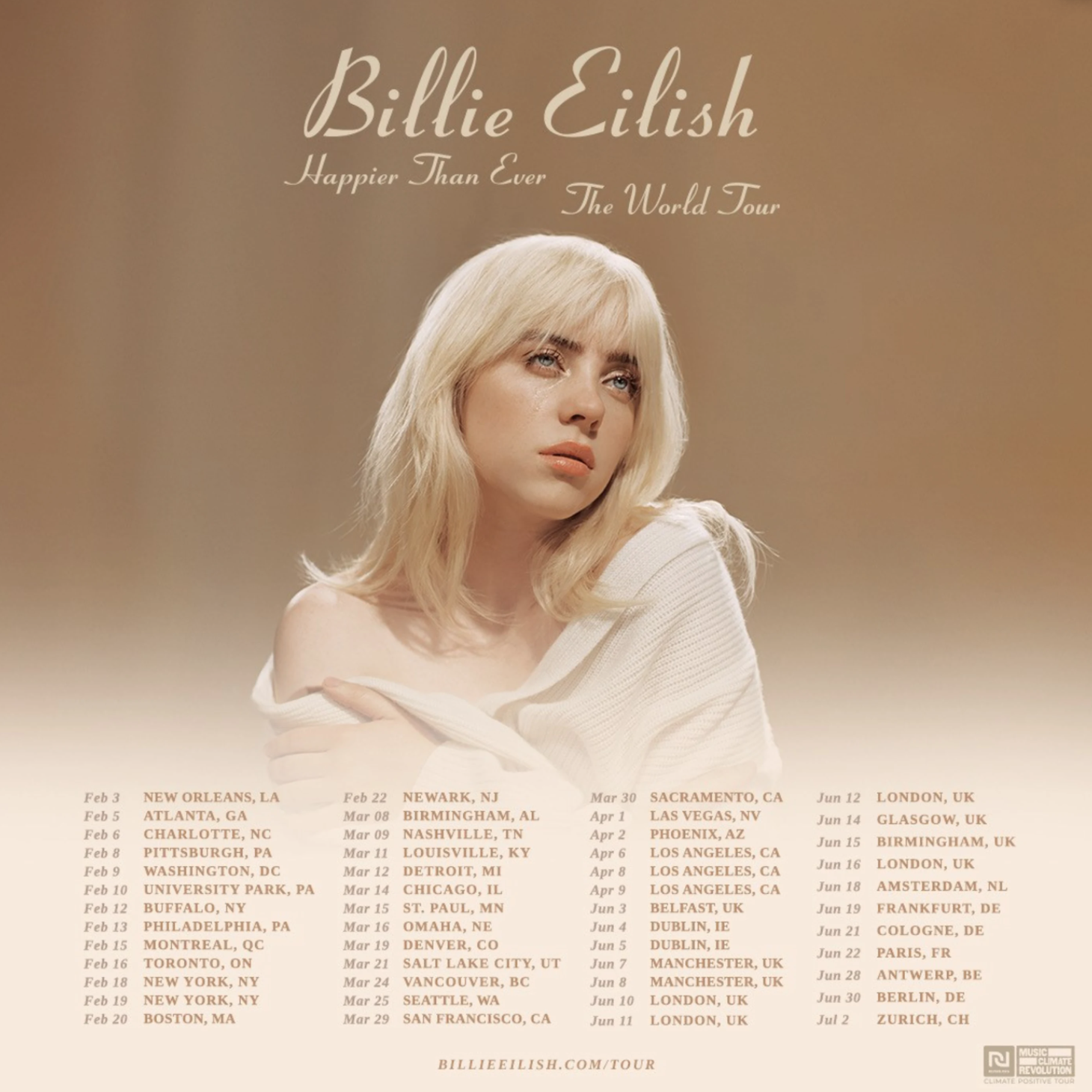 A poster for Billie Eilish&#x27;s world tour is shown