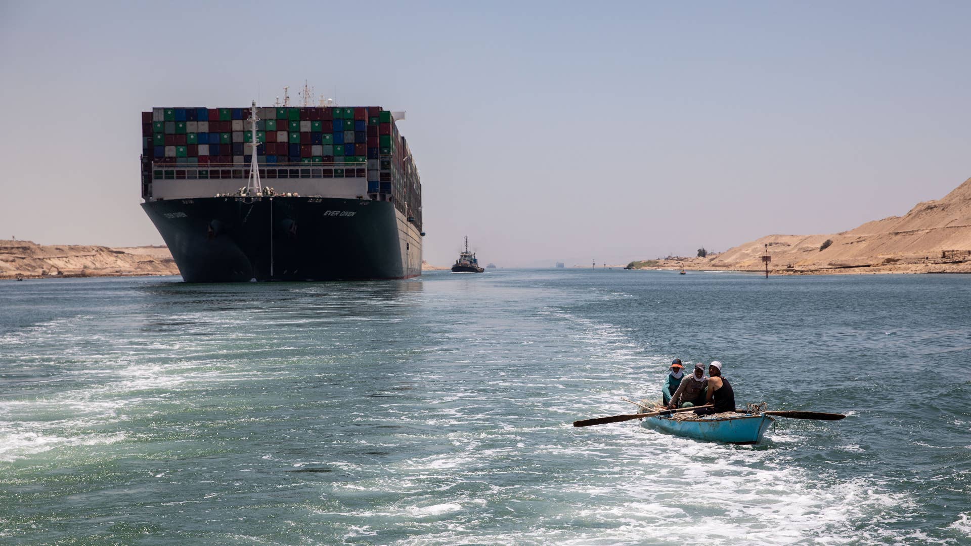 Evergreen ship is seen leaving Suez Canal to the Mediterranean after the signing of the settlement contract.