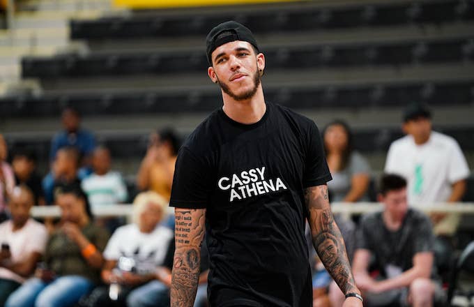 Lonzo Ball smiles at Jordan Bell&#x27;s First Annual Race to Erase MS Celebrity Basketball Game.