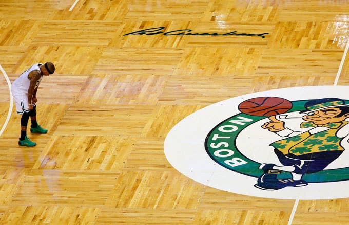 Isaiah Thomas stands alone during the 4th quarter of Game 1 of the First Round of the NBA Playoffs.