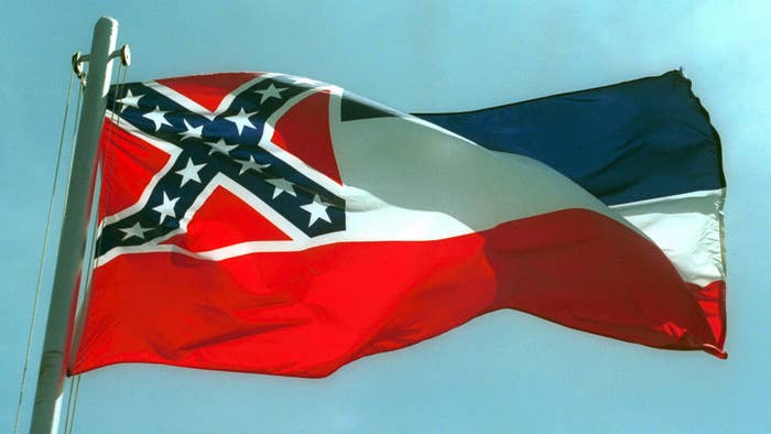 The Mississippi State flags flies April 17, 2001 in Pascagoula, MS.