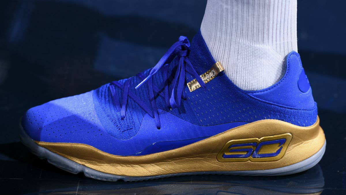Stephen Curry Under Armour Curry 4 Low Blue Gold On Foot