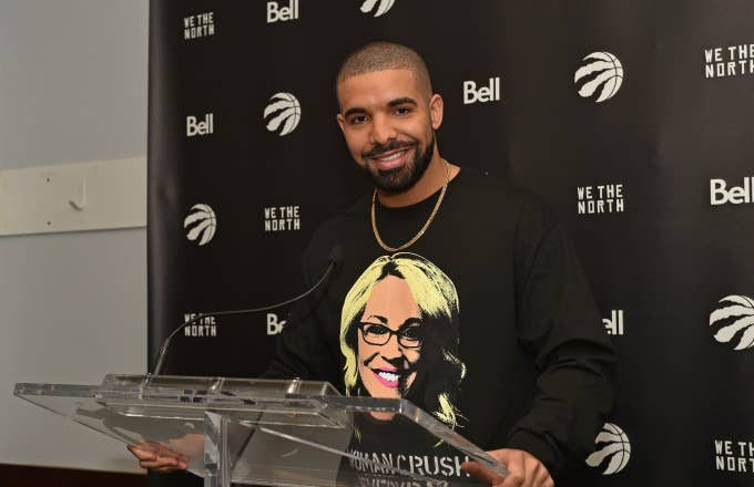 Drake holds a press conference before a Raptors game.
