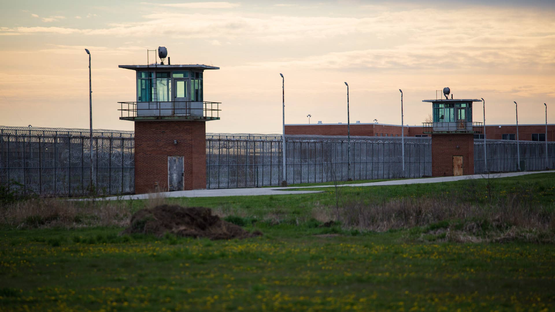 Guard towers look over the prison courtyard