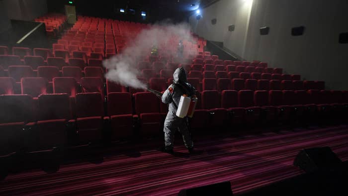 Cleaning between screenings at a Chinese cinema.