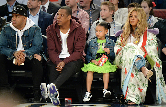 Jay Z, Blue Ivy Carter and Beyoncé Knowles attend the 66th NBA All Star Game