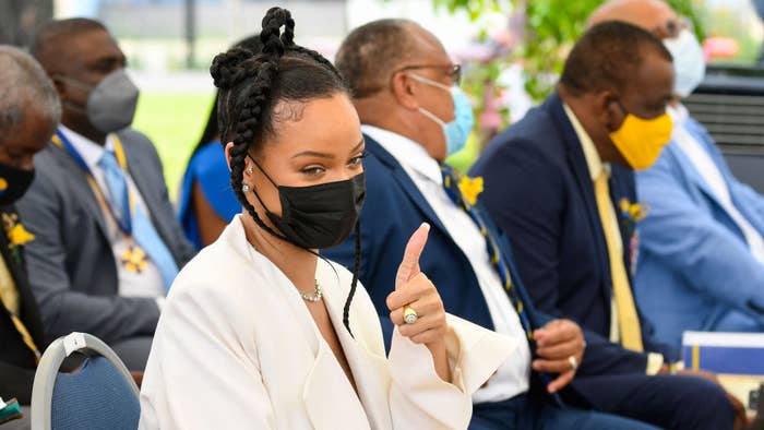 Rihanna Fenty gestures prior to speaking as she is named Barbado&#x27;s 11th National Hero during the National Honors ceremony.