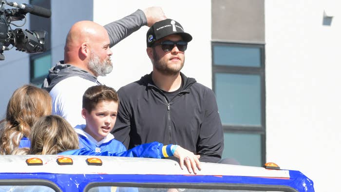 Andrew Whitworth and Matthew Stafford seen at the Rams Super Bowl LVI Victory Parade and Rally.