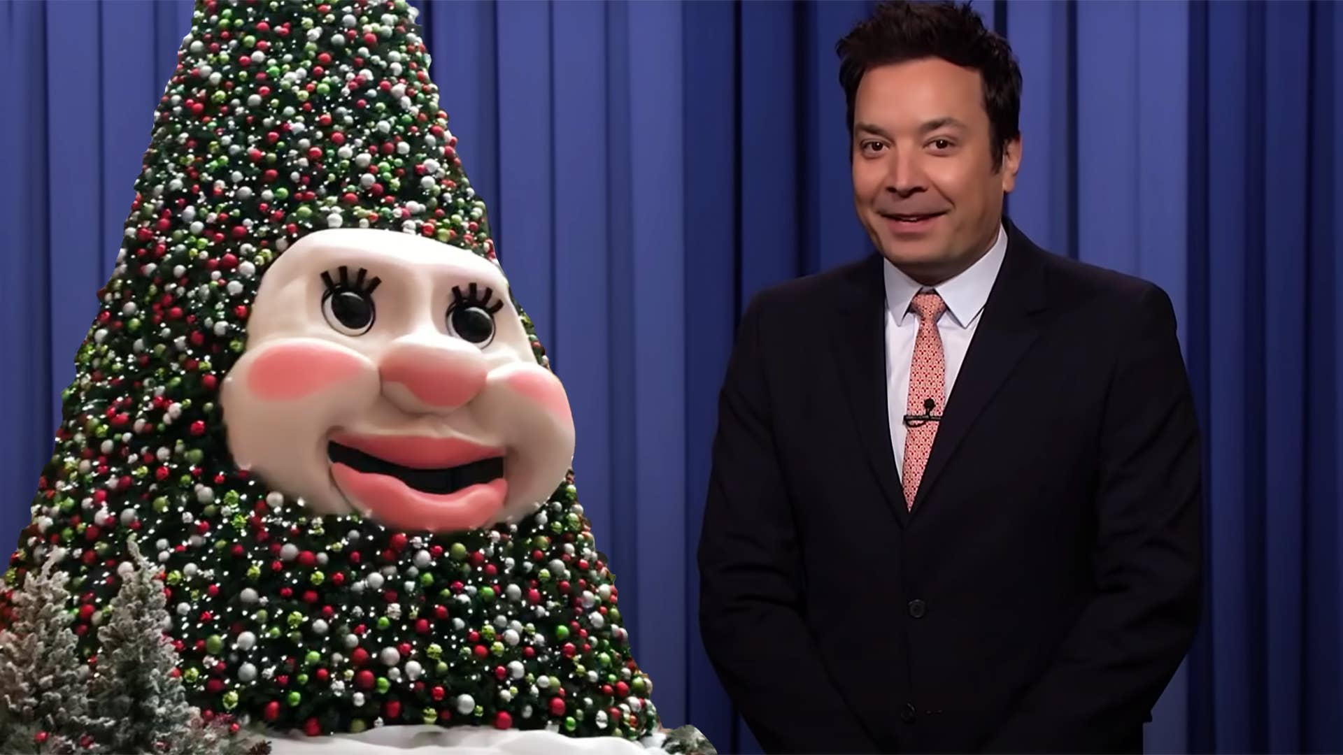 Jimmy Fallon discussing Woody the Christmas Tree on The Tonight Show.