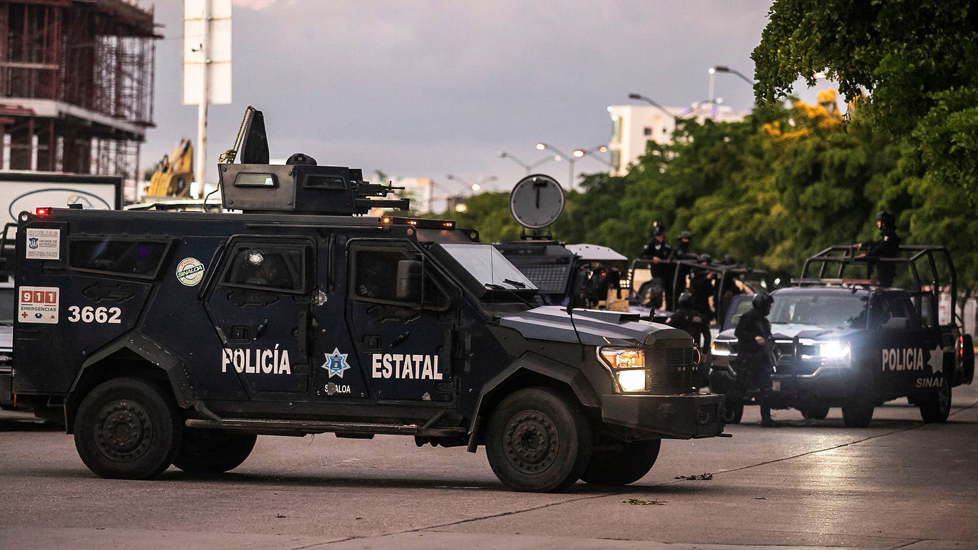 Mexican police patrol in a street of Culiacan, state of Sinaloa, Mexico