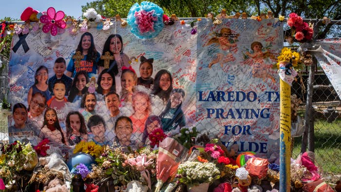 A memorial is seen outside an elementary school in Texas