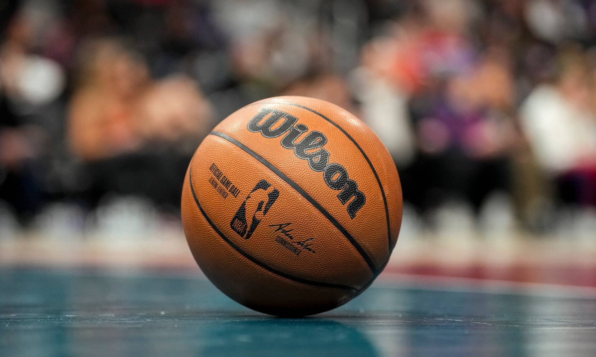 An NBA basketball as seen on the sideline of a game between the Detroit Pistons and Charlotte Hornets