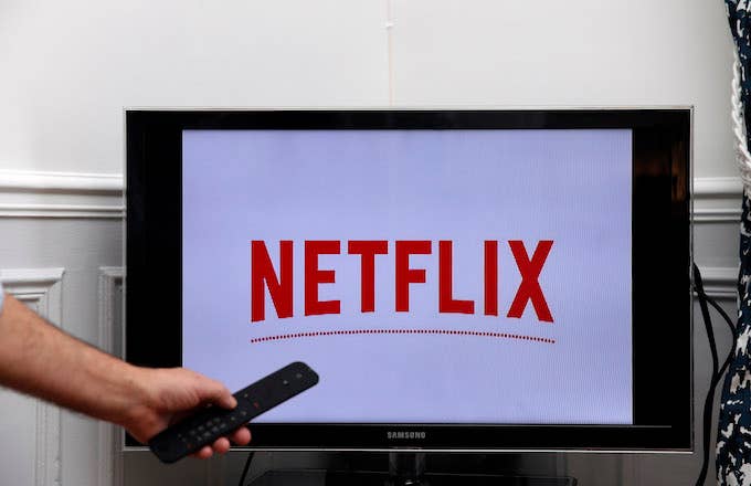 The Netflix media service provider&#x27;s logo is displayed on the screen of a television.