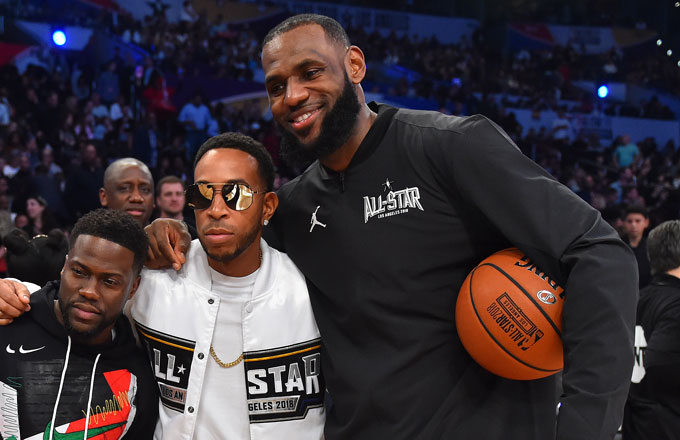 LeBron James, Ludacris, and Kevin hart at the 2018 All Star Game.