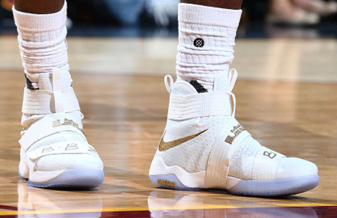 LeBron James Wearing White/Gold Nike LeBron Soldier 10 PE for Game 6 of the NBA Finals (1)