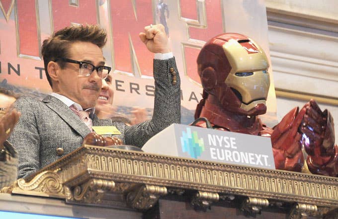 Robert Downey Jr. and some guy in an Iron Man suit at the NYSE.