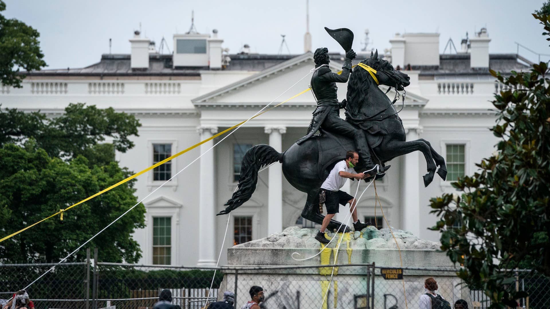 Protesters attempt to pull down the statue of Andrew Jackson in Lafayette Square.